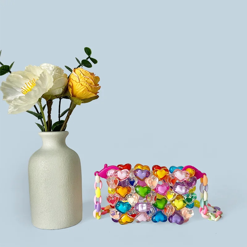 New Jelly Rainbow Love Bead Bag Hand Woven Bag Women's Dopamine Heart Cross Bag Mini