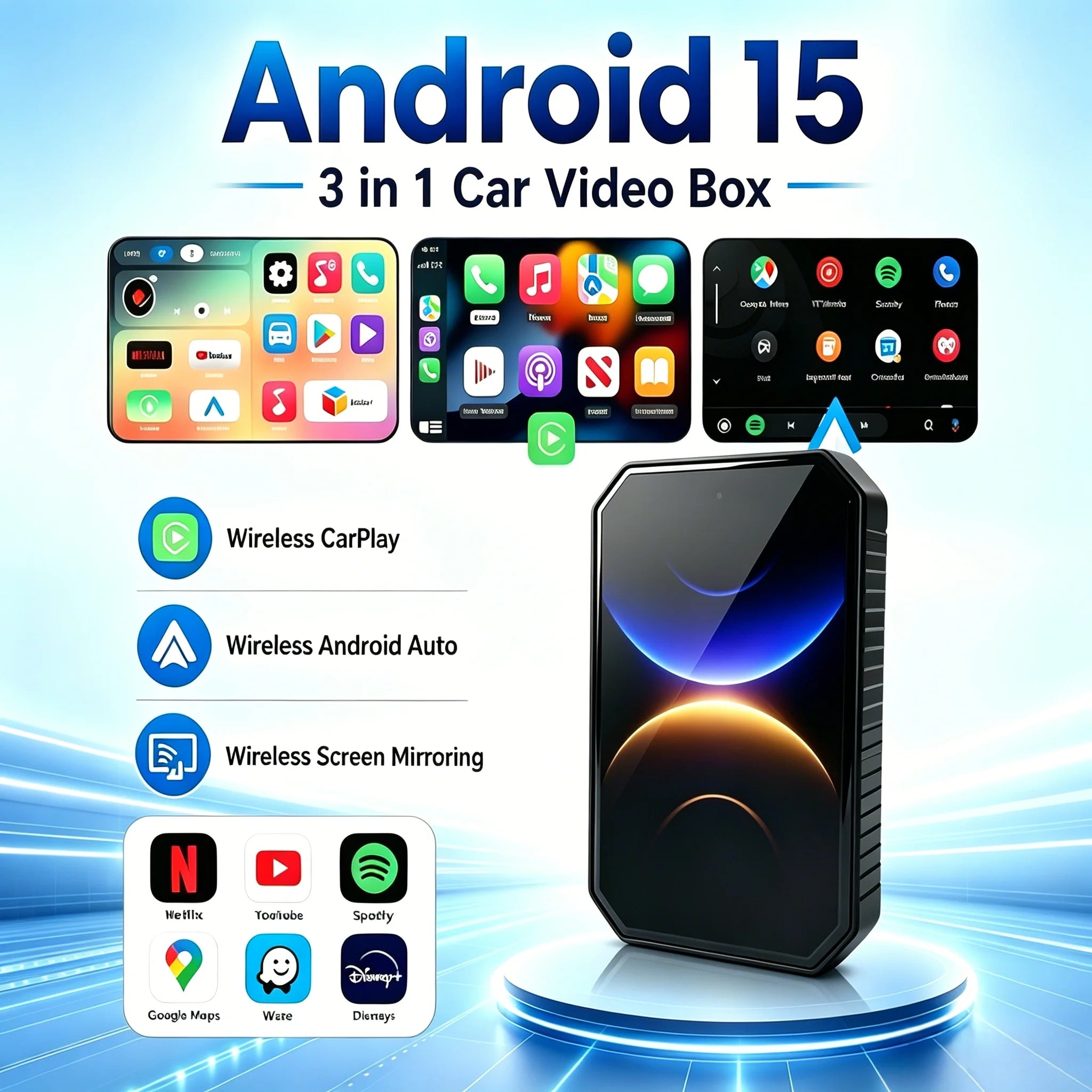 2026 PLAYAIBOX Android 15 3 in 1 Wireless CarPlay Smart AI Box Android Auto Adapter Plug Play Car TV Box Support YouTube Netflix