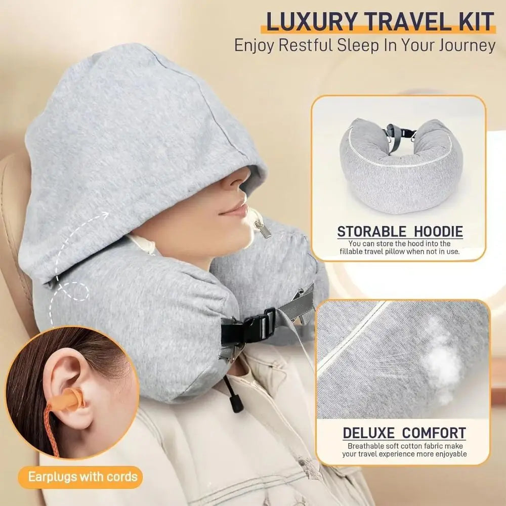 Fillable Travel Neck Pillow Neck Support with Hood Nap Pillow Adjustable with Storage Pouch Airplane Neck Pillow