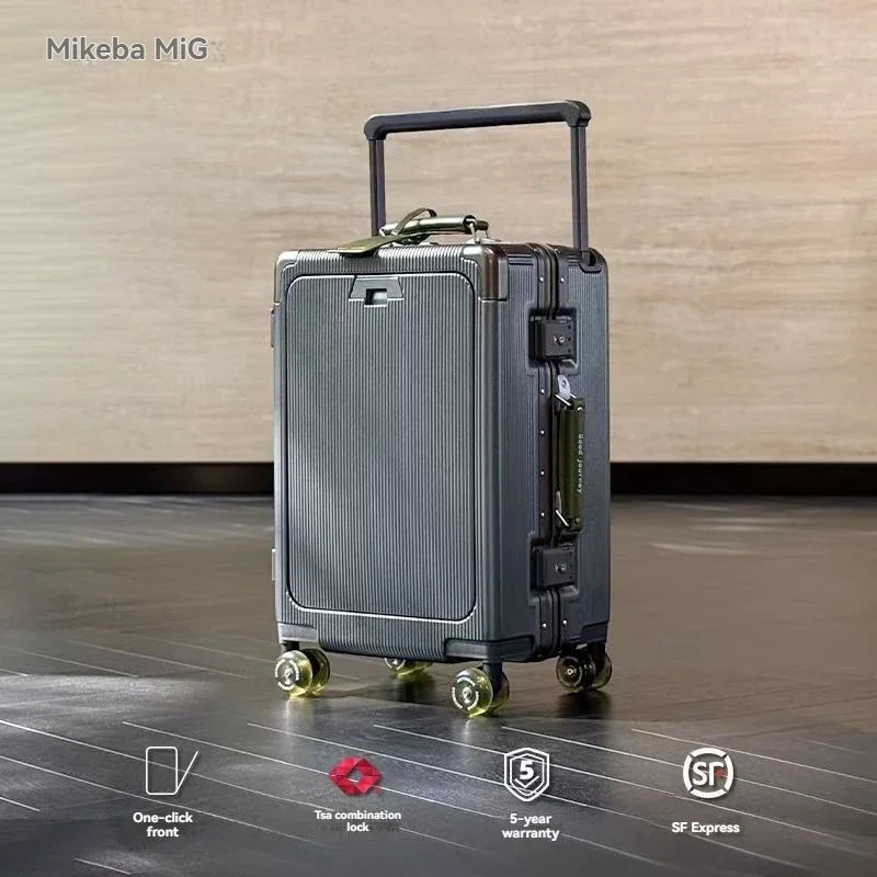 Front opening luggage with aluminum frame, ice skating wheel, leather suitcase, pull rod suitcase, women's suitcase, small suitc