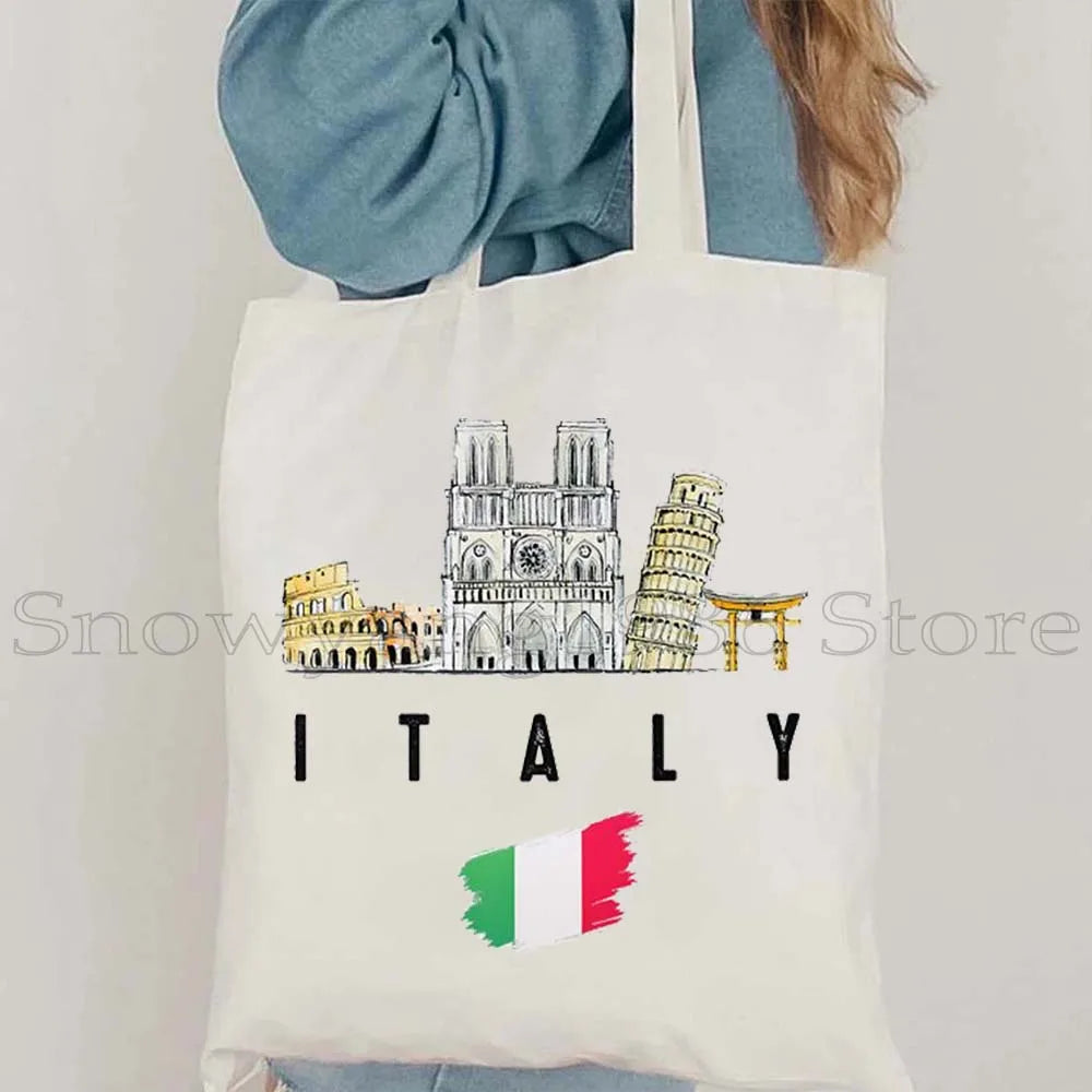 Funny Ciao Bella Saying Italy Flag Rome Colosseum Firenze Florence Panorama Italian Canvas Tote Bag Shopper Girl Casual Handbag
