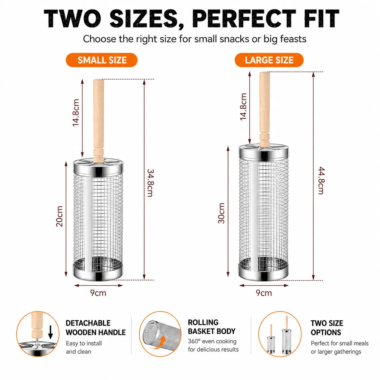 Uwhise Rolling BBQ Grill Basket Stainless Steel Cylinder Grill Tube For Outdoor Camping Veggie Meat Mesh Tools Detachable Handle