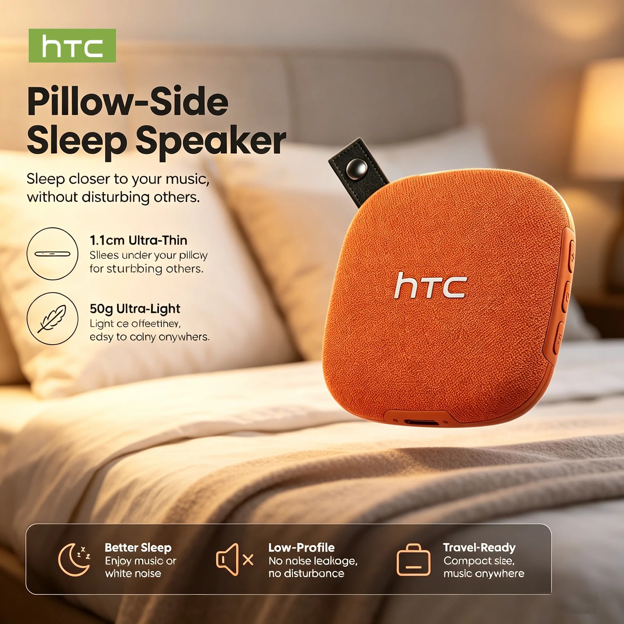 HTC WS01 Pillow Speaker for Sleeping: Ultra-Thin Bluetooth Speaker, Under Pillow Speaker, Sleeping Speaker Ultra-Light Portable