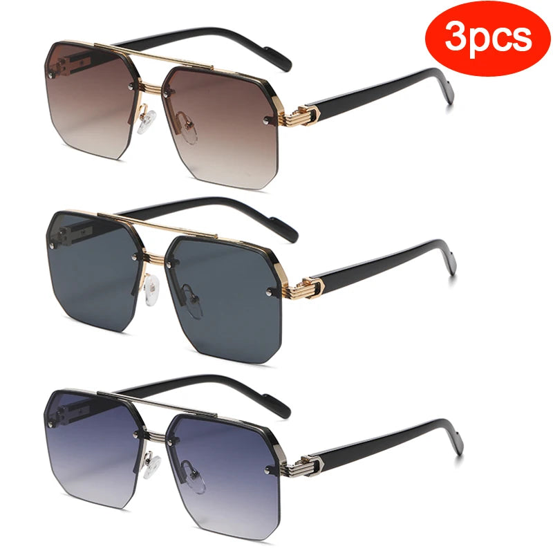 Hiking 3pcs Polygon Half-Frame Anti Light Glasses Fashion Metal Men Large Frame Shades Female Male Gradient Traveling Eyewear