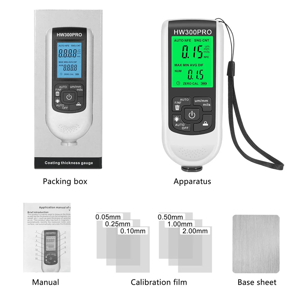 HW300PRO Thickness Gauge for Cars Film Automatic Thickness Gauge 0-2000UM Fe NFE Coating Meter Automotive Paint Thickness Tester