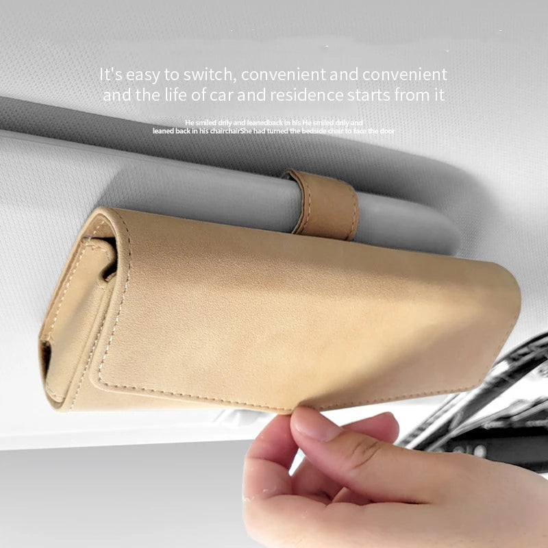 Car Sun Visor Sunglasses Case Clip Hanger Fastener Sunglasses Holder Suede PU Leather Card Ticket Storage Box Eyeglasses Holder