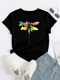 Dragonfly Print Crew Neck T-Shirt Casual Short Sleeve T-Shirt for Spring & Summer Women's Clothing Aesthetic Clothes Plus Size