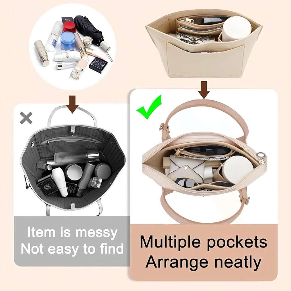 Felt Moon Handbag Organizer Insert - 7-Pocket Foldable Purse Liner for Bag Storage, Travel & Clutch Organization