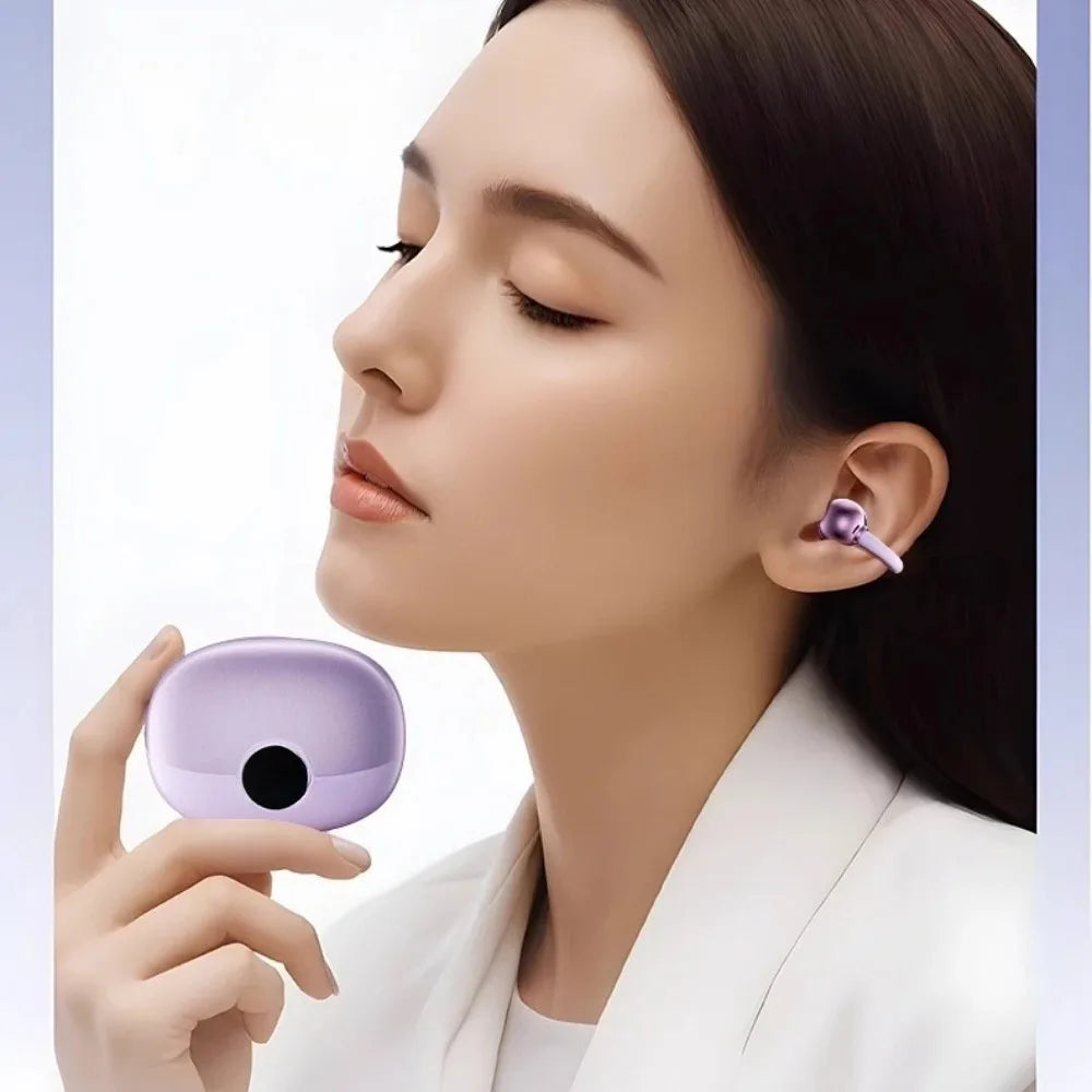 Wireless Clip-On Earbuds with Digital Power Display HiFi Sound Noise Cancelling Headphones Long Battery Life Built-in Microphone