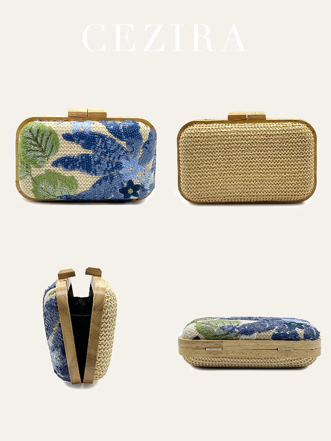 Women's Fashion Wood Kiss Lock Straw Woven Handbag Random Floral Pattern Sequined Embroidery Clutch Bag Long Chain Purse Travel