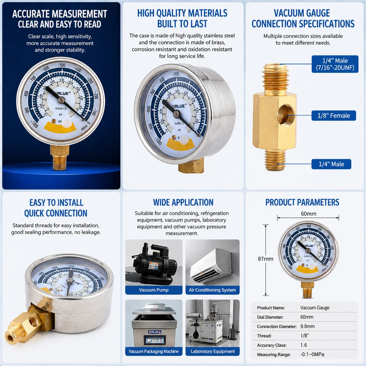 63mm Vacuum Gauge Pressure Gauge Accurate Air Gauge Instrument for Vacuum Pump 0-14psi Dial Display G1/8in Connector