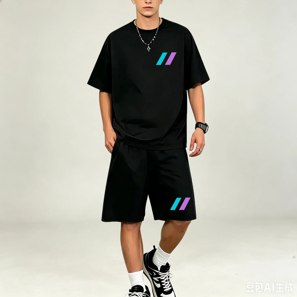 Men T‑Shirts Sets 2‑Piece Suits Relax‑Fit Short‑sleeve Tee And Pocket‑Shorts Sets Breathable Street‑Style T‑Shirts Sets For Guys