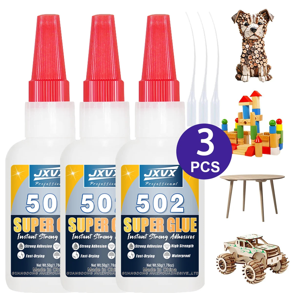 Jxvx 502 Super Glue Instant Fast Drying Cyanoacrylate Adhesive Leather Rubber Wood Metal Strong Bonding Liquid Glue Tool, Transparent Glue Tool, Upgraded to 50g