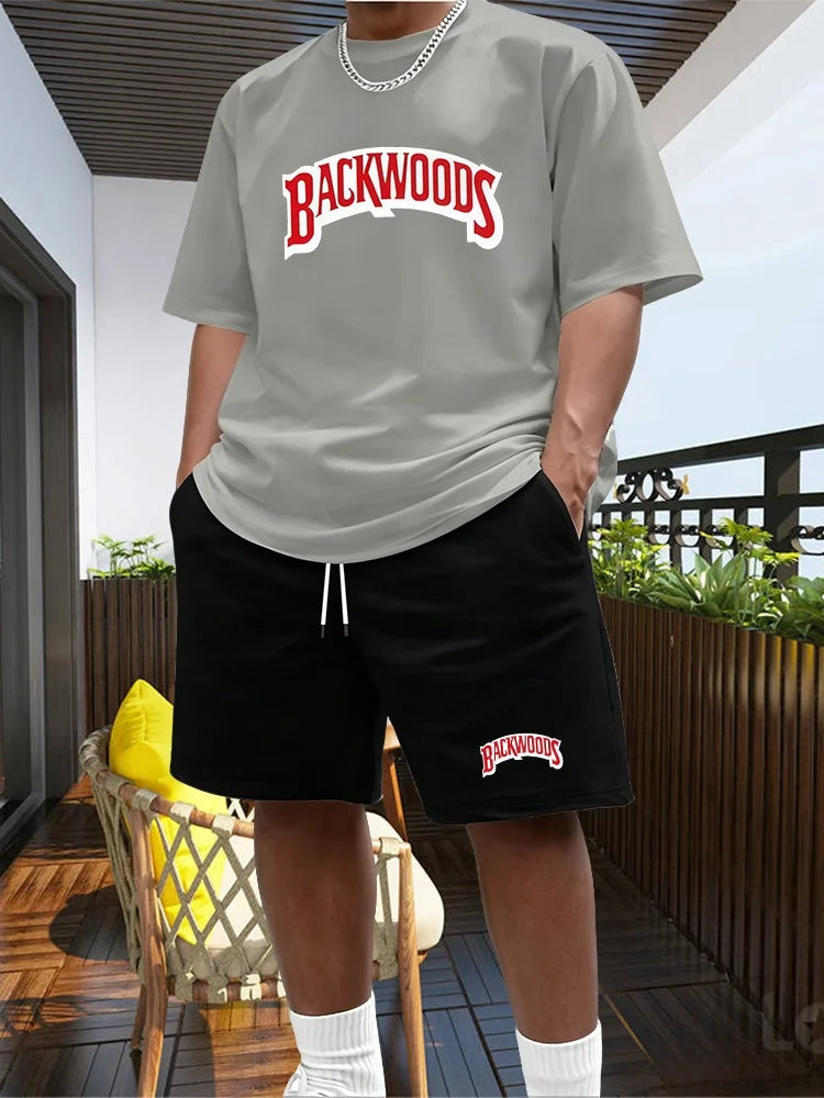 2026 New Summer Men's Fashionable Round Neck Short Sleeved Suit Black Brand Casual Jogging Clothes Sportswear