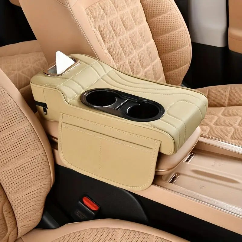 1 Car Armrest Box with Low Front and High Rear Design, Car Center Console Armrest Pad with Tissue Box, Dual Side Storage Pockets, Car Armrest Pad, Portable Storage Accessory, Includes a Pack of Tissues