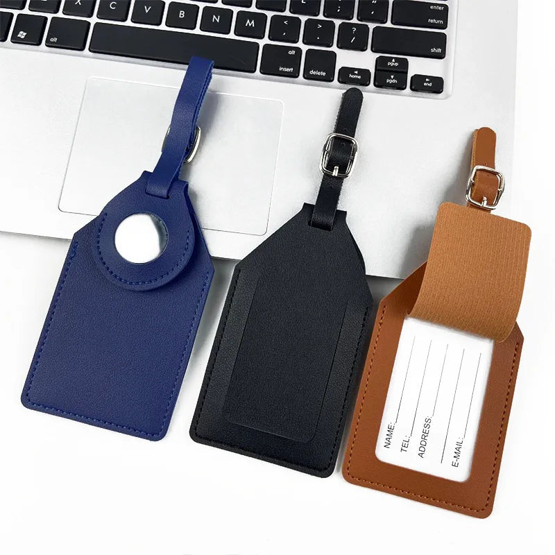 PU Leather Luggage Tag with Tracker Holder Privacy Flap ID Card Window Adjustable Buckle Travel Suitcase Name Label Accessories