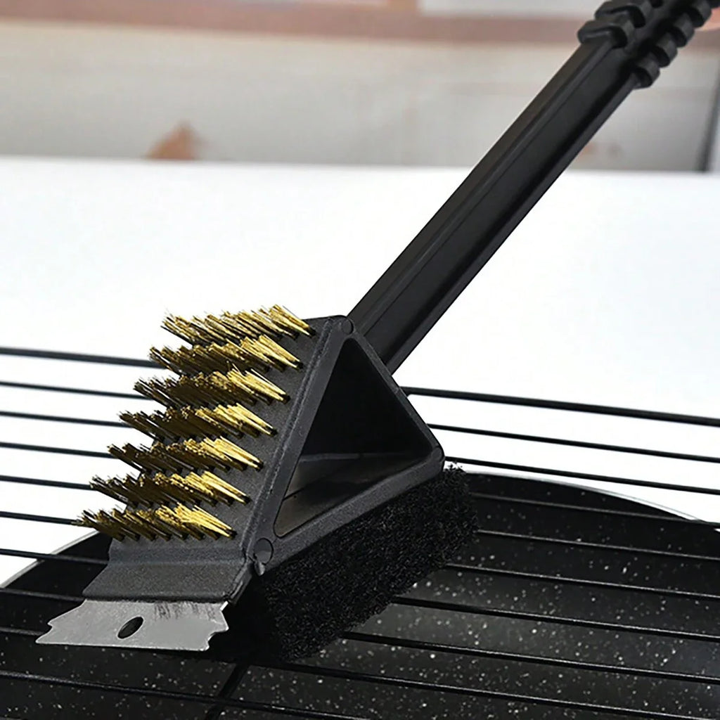 1pc-Long Handle BBQ Tool Barbecue Grill Oven Cleaning 3 in 1 CornerCopper Wire Brush for Outdoor PicnicCopper Wire Sponge Shovel