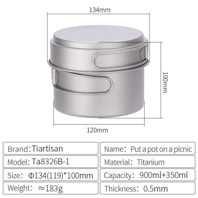 Tiartisan Titanium Folding Handle Camping Pot Frying Pan Set  Lightweight Portable Cookware Equipment For Outdoor Hiking Picnic