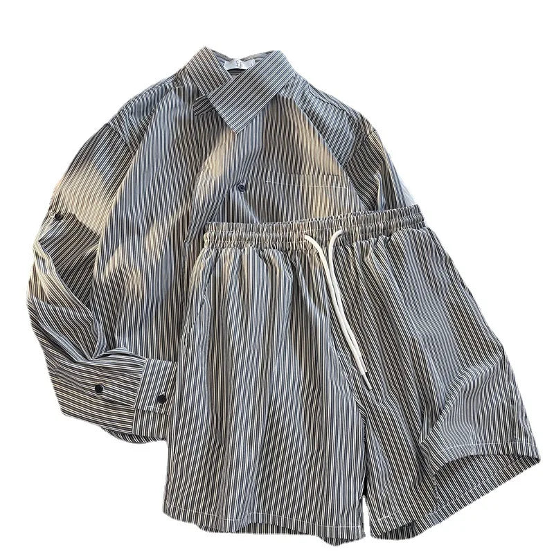 Summer Street Style Men's Striped Loose Long Sleeve Shirt And Shorts Set High Waist Design Trendy Cotton Polyester Blend Casu...