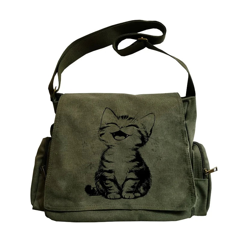 Large Capacity Women's Canvas Shoulder Bag Lovely Cat Printed Army Green Crossbody Bag For Women Laptop Bag