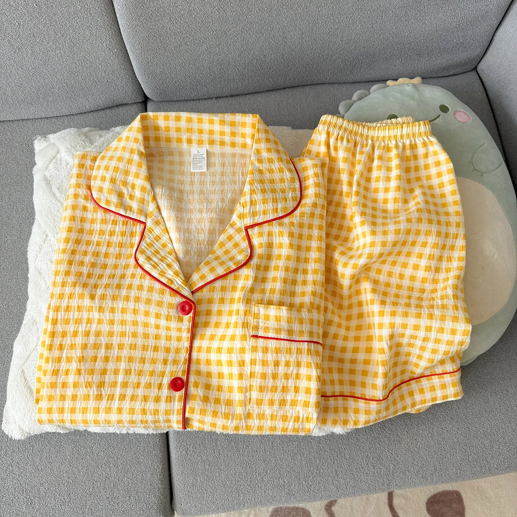 Women's Summer Pajamas, Thin Plaid Pattern Short-Sleeved Shorts, Sweet and Cute, Can Be Worn Outside in Summer, Two-Piece Home Wear Set