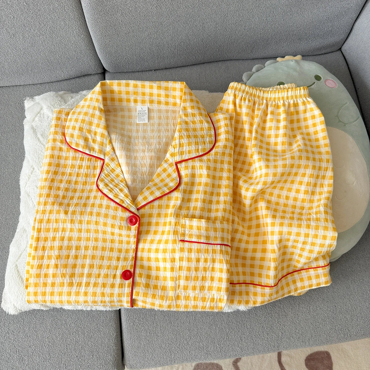 Women's Summer Pajamas, Thin Plaid Pattern Short-Sleeved Shorts, Sweet and Cute, Can Be Worn Outside in Summer, Two-Piece Home Wear Set