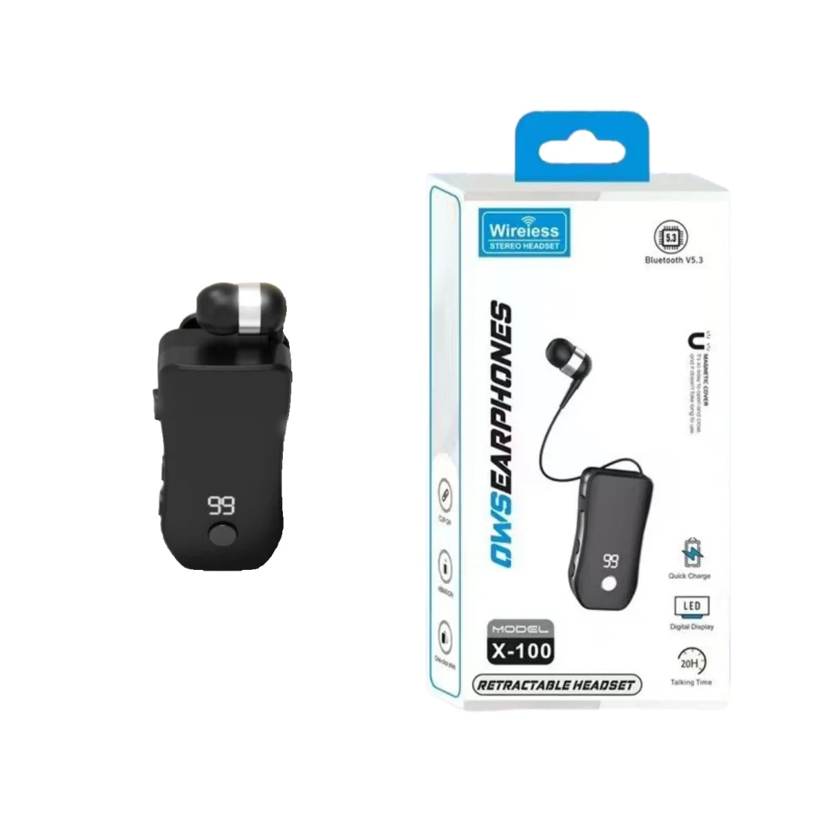 X100 pk K55 lavalier business Bluetooth 5.3 earphones with 20 hours of talk/music time, retractable cable neck clip Bluetooth