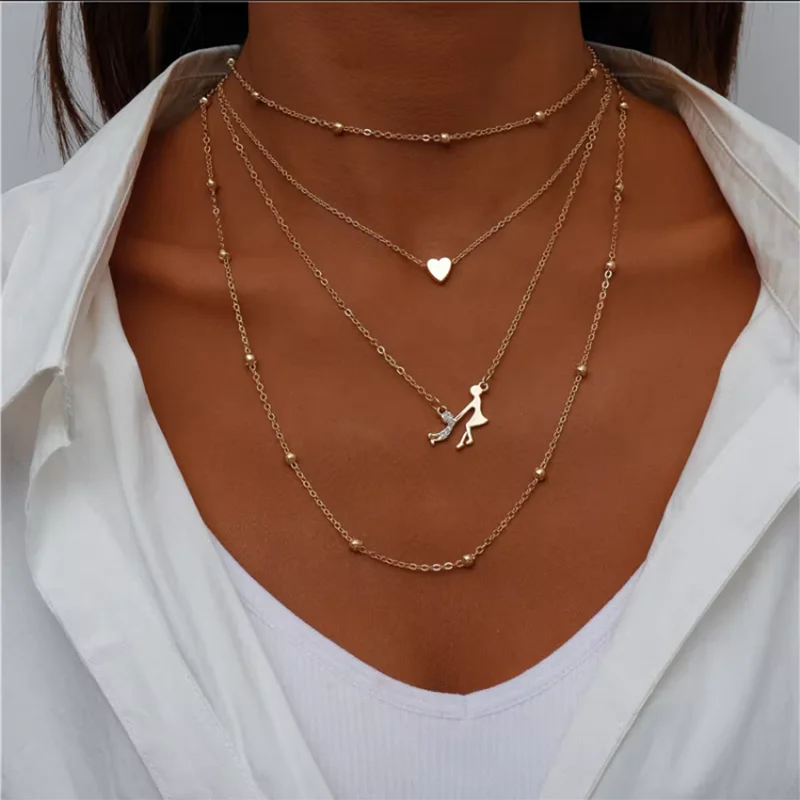 Vintage Multi Layered Moon Coin Moon Hamsa Hand Chain Necklaces for Women Boho Elephant Hearts Pendants Necklaces Jewelry