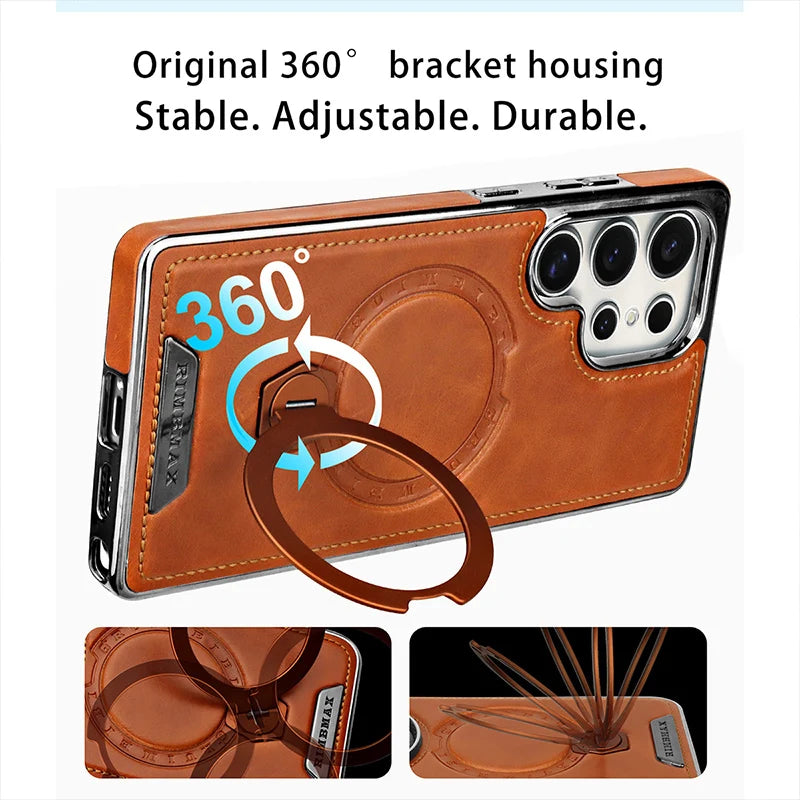 360 ° Rotating Bracket Leather Case,For Samsung Galaxy S24 S23 S25 Ultra S25Edge Wireless Charging Phone Protective Back Cover