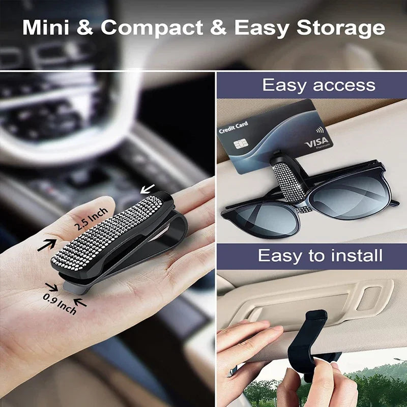 Car Visor Rhinestone Sunglasses Holder Portable Universal Myopia Glasses Holder Multi-function Ticket Holder Car Accessories