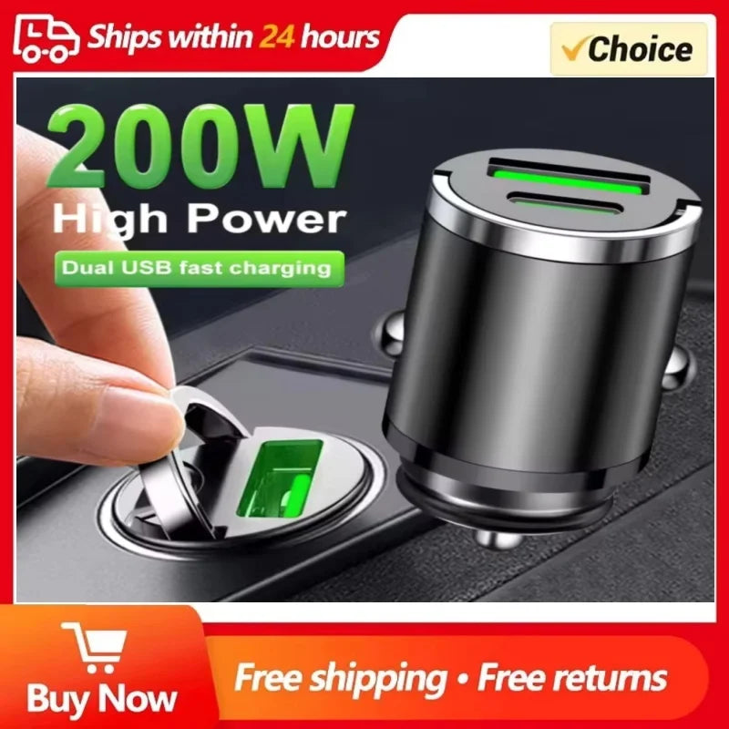 2026 200W mini car charger fast charging for iPhone QC3.0 mini PD USB Type C car mobile phone charger for Xiaomi Samsung Huawei