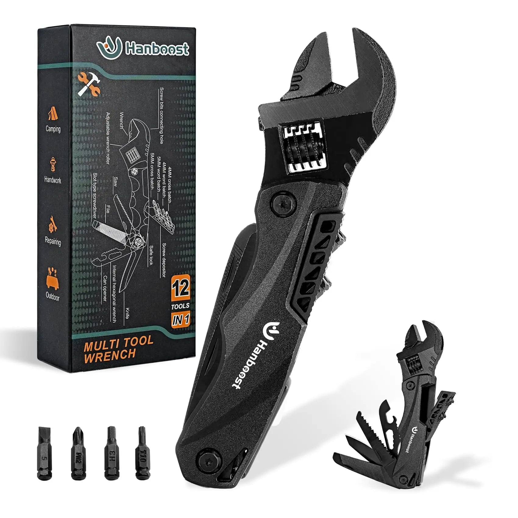 Hanboost Multitool Wrench 19 In 1 Multipurpose Camping Gear Pocket Size Adjustable Wrench with Pliers, Wire Cutter, Cutting Saw,
