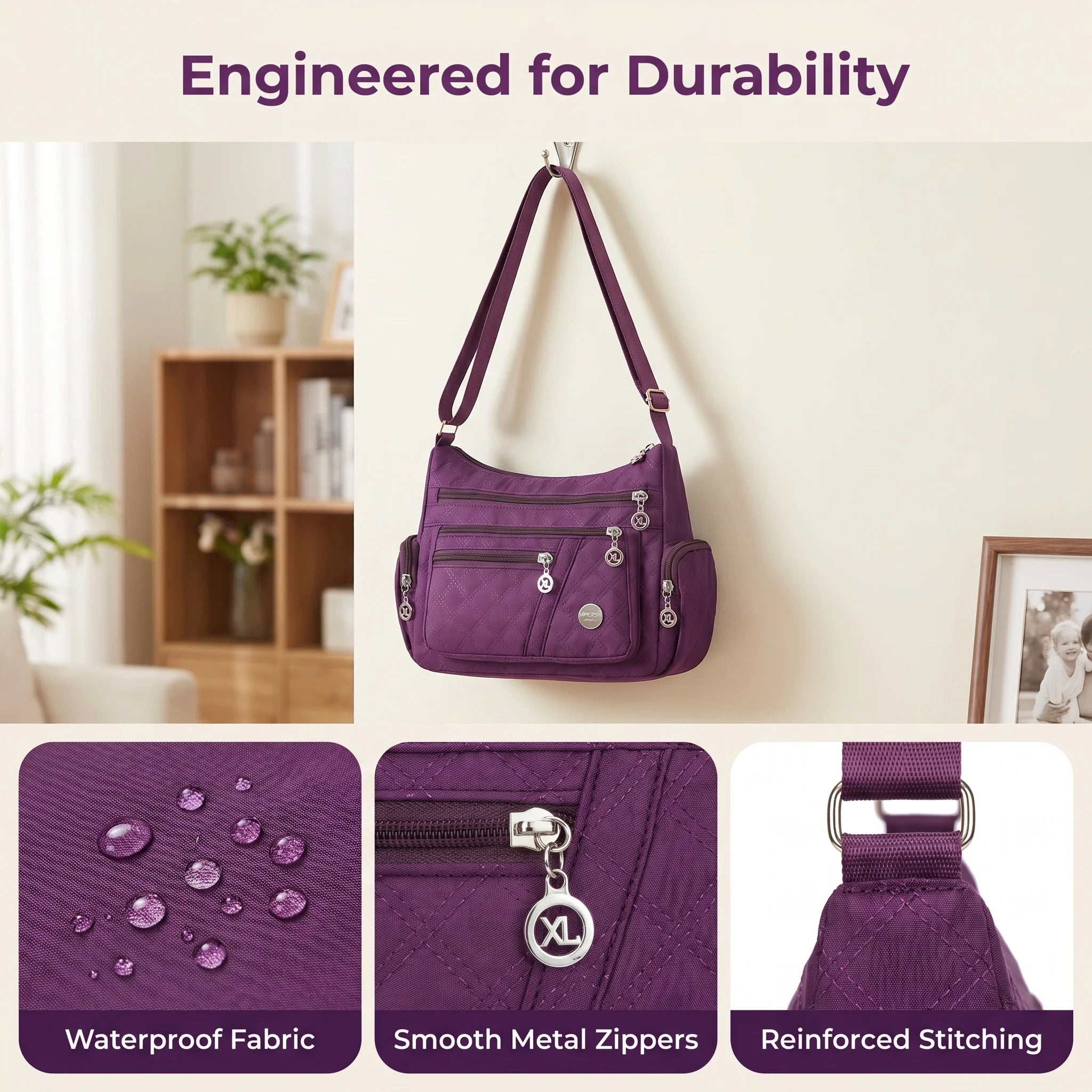Water Resistant Nylon Multi Zipper Crossbody Bag Large Adjustable Strap Shoulder Purse for Mother Daily Outdoor Shopping Travel