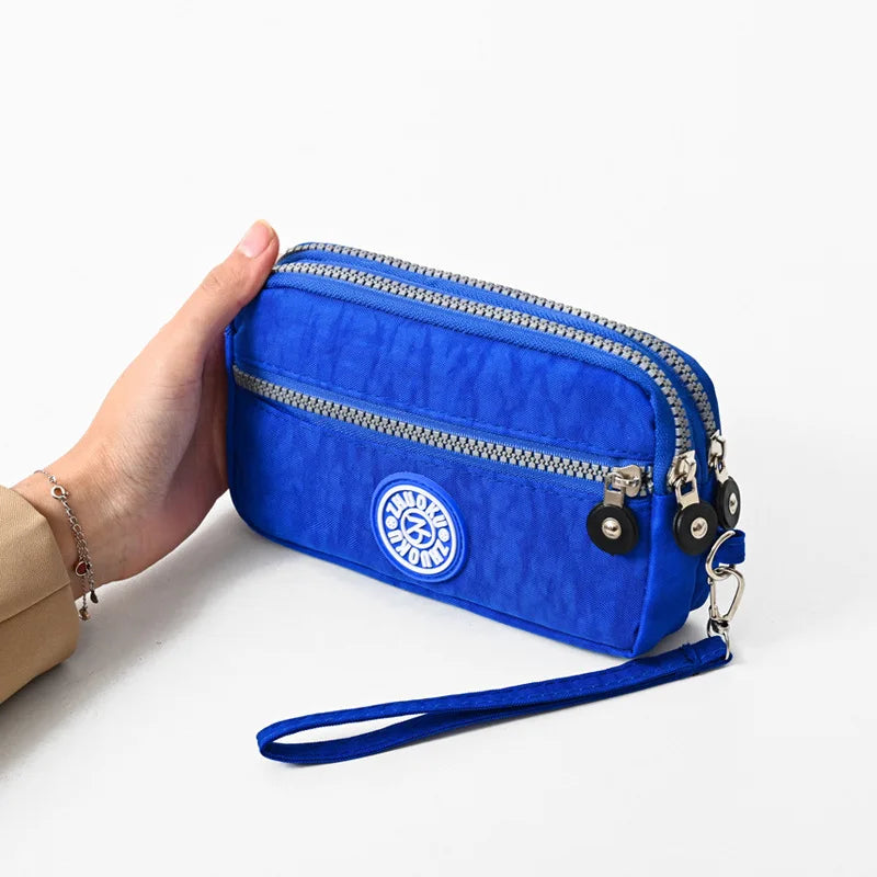 2026 New Clutch Women's Bag Three-Layer Zipper Mini Nylon Cloth Solid Color Mobile Phone Bag Coin Purse