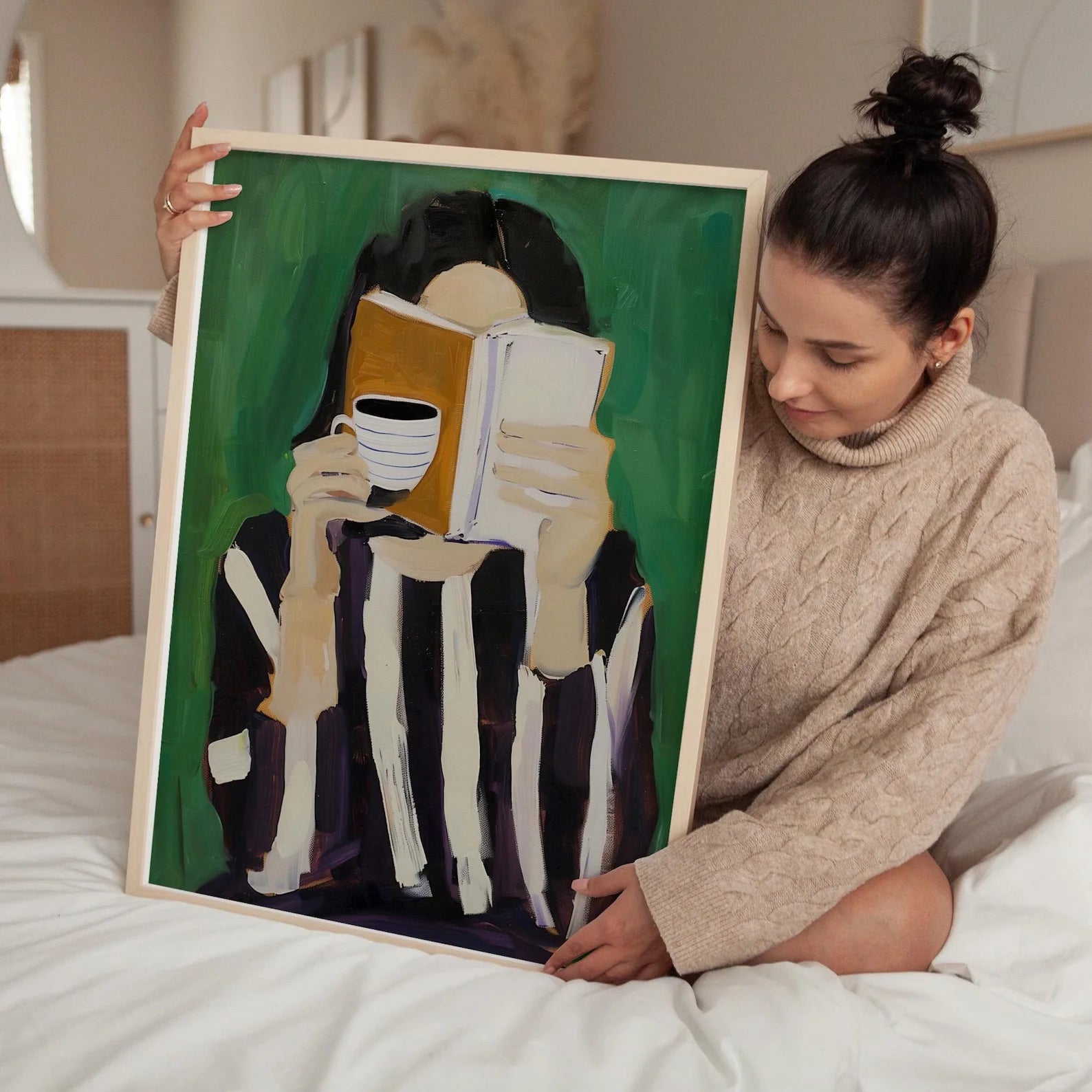 Emerald Green Woman Reading Folder Print Minimalist Abstract Canvas Wall Decor Unframed