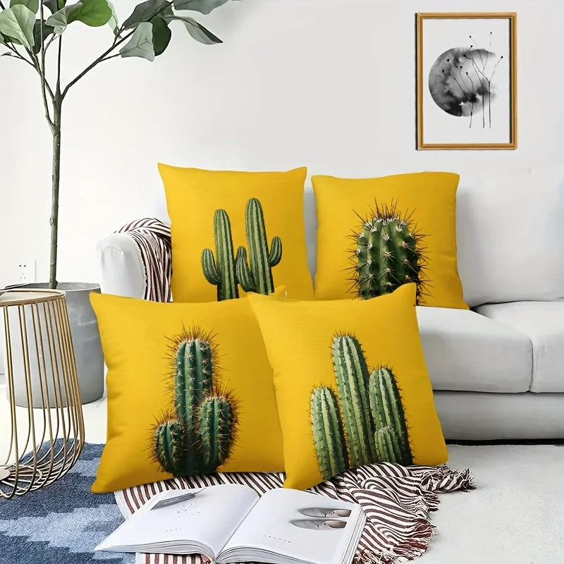 4-Piece 2D Printed Pillowcase Set – Cactus Pattern on Yellow Background