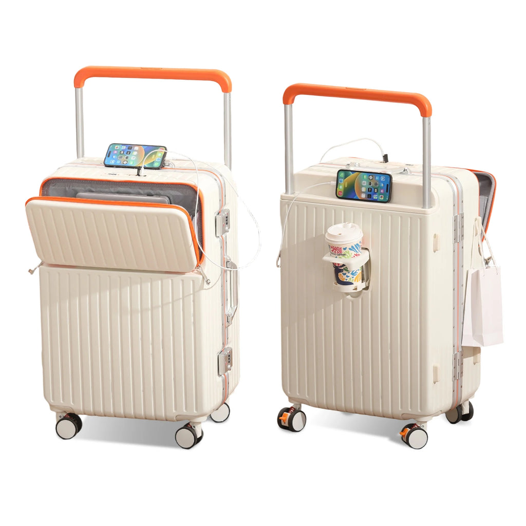 AIWEINY 20/24/26Inch Front Opening Hard Shell Luggage Aluminum Frame Wide Handle USB 360° Silent Wheels TSA Lock Business Travel
