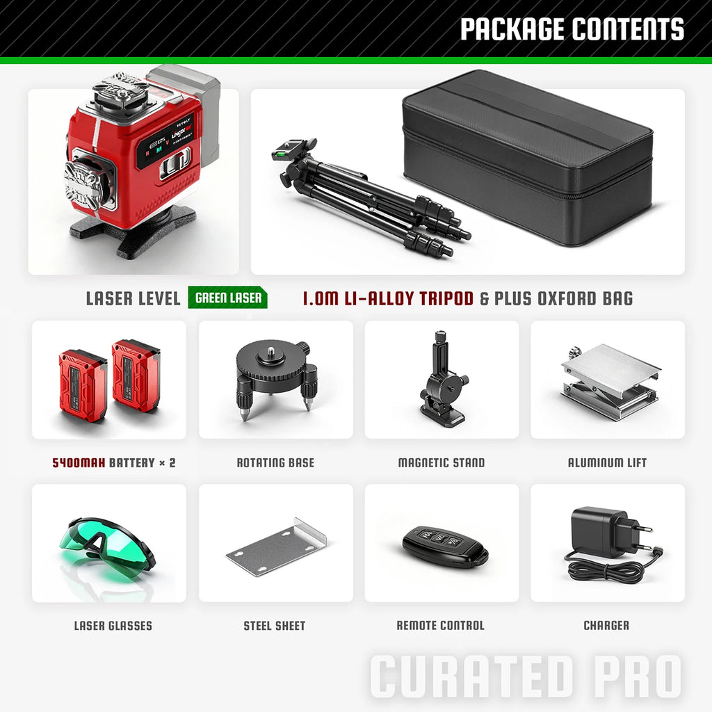 4D Cross 16 Line Green Self Level Laser Level for DIY Countertop Tile Baseboard Install Whole Room Alignment Home Remodel Work