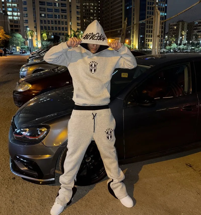 Y2K gray embroidered letters retro pullover hoodie casual American loose wide-leg pants hip-hop fashion high street sports suit