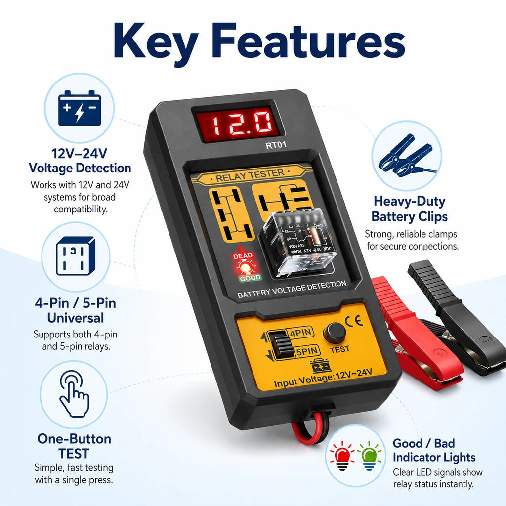 RT01 Car Relay Tester with Battery Clamps, 12V Universal 4/5 Pin Relay Test Tool, Heavy-Duty Automotive Electrical Diagnostic Eq