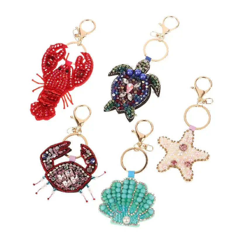 B*1Pc Rhinestone Lobster Beaded Pendant Pretty Hand Sewn Bag Charms Crab Shells Turtle Hanging Rope Patches Applique Bag Lanyard
