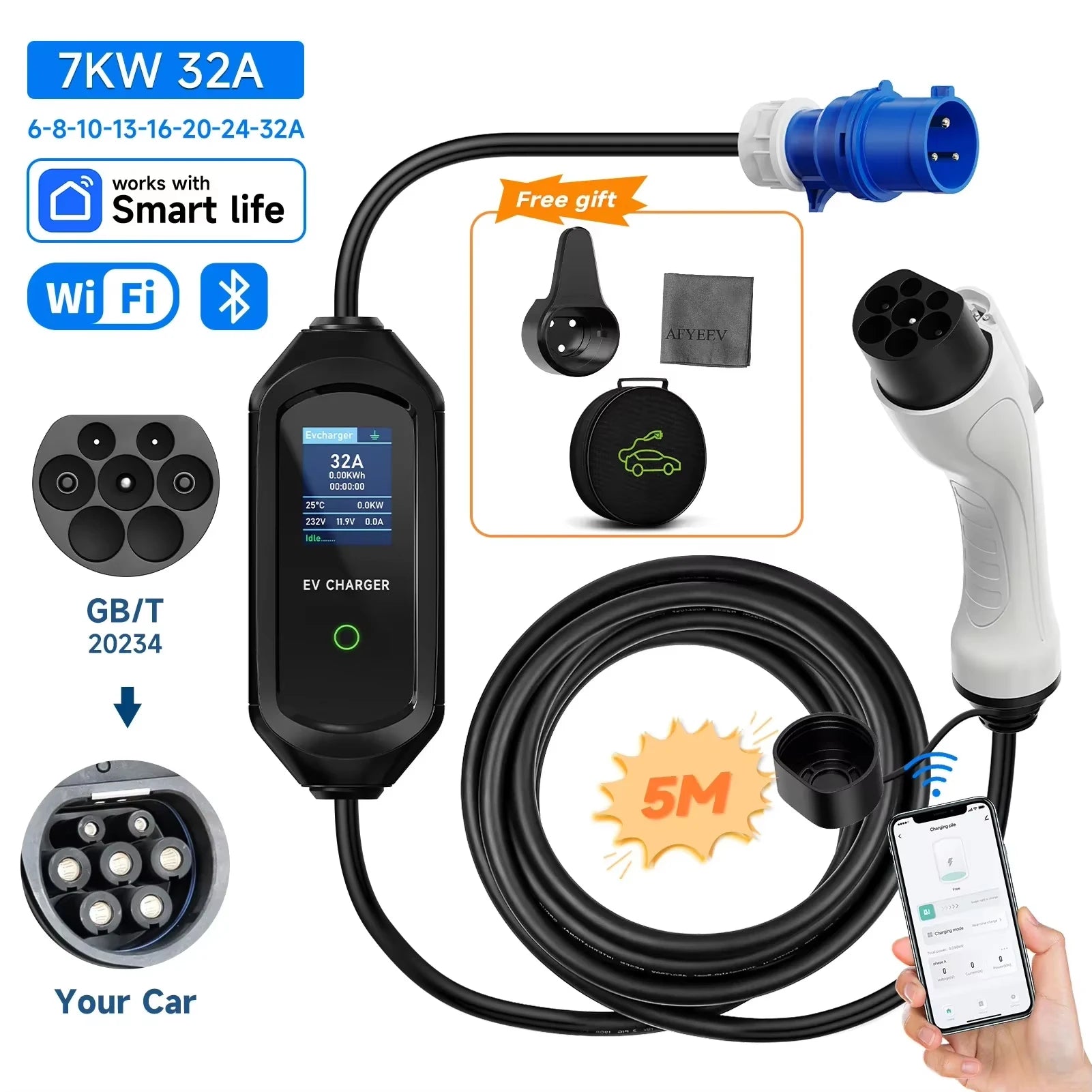 AFEEV 7KW Type2 IEC 62196-2 Portable EV Charger 32A Type1 SAE J1772 Wallbox GB/T Fast Charging Cable CEE Plug WiFi APP Control