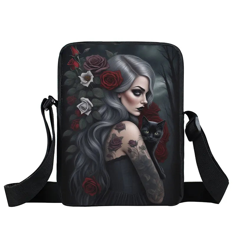 Skull Rose Butterfly Print Crossbody Bag Women Shoulder Bags for Travel Handbags Phone Holder Student Messenger Bags Gift