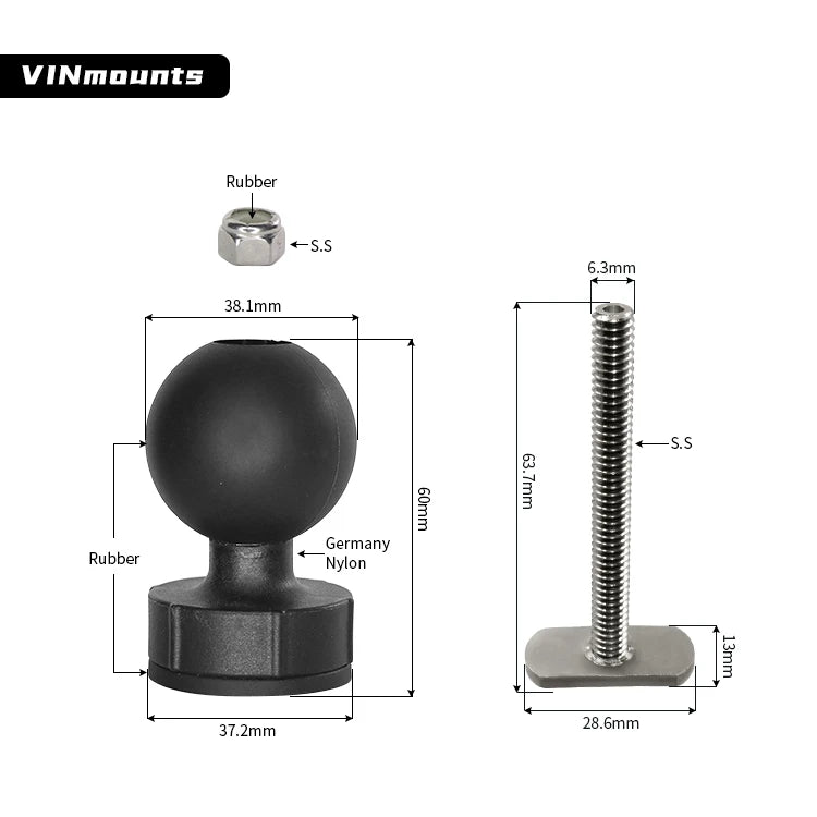 VINmounts mounting rail ball T-bolt rail, with 1.5-inch ball, compatible with onboard slide rail RAM mount code VIN-C-008