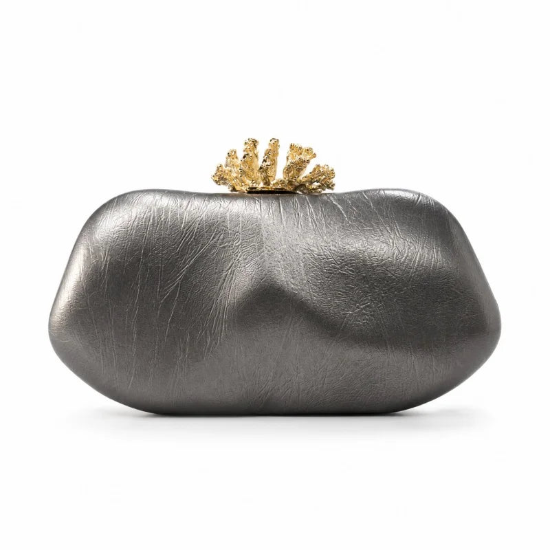 Metallic Bronze PU Leather Clutch Bag Women Metal Frame Evening Handbag Elegant Formal Wedding Party Cocktail Prom Box Purse