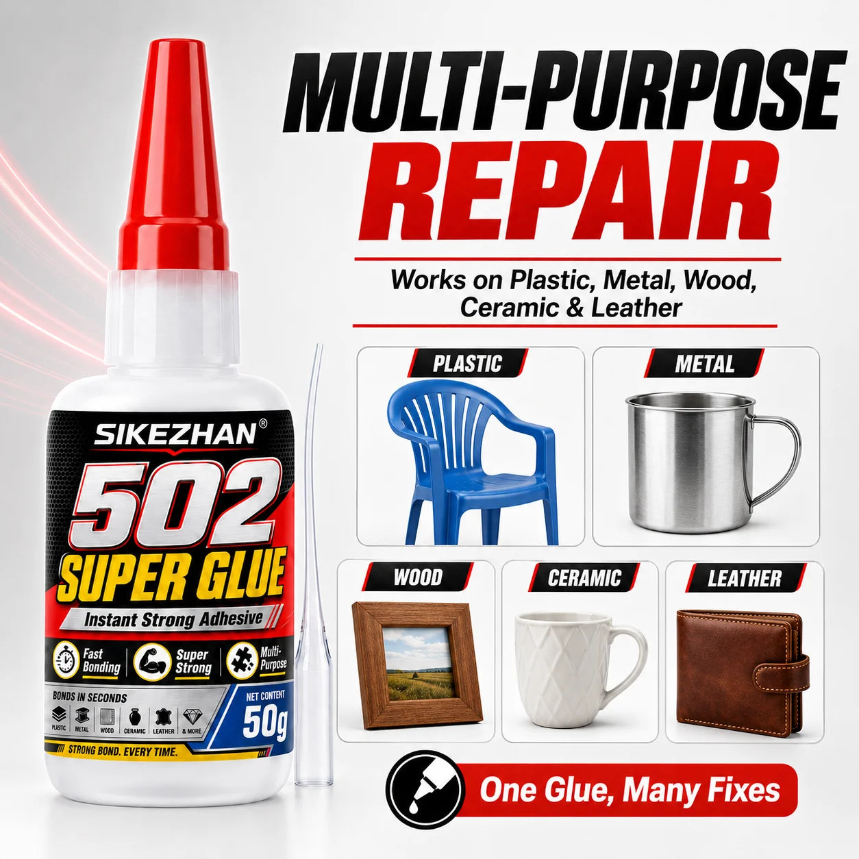 SIKEZHAN® 50g 502 Super Glue Cyanoacrylate Adhesive, Instant Quick Dry Strong Bond for Leather Rubber Glass Wood Metal Repairs