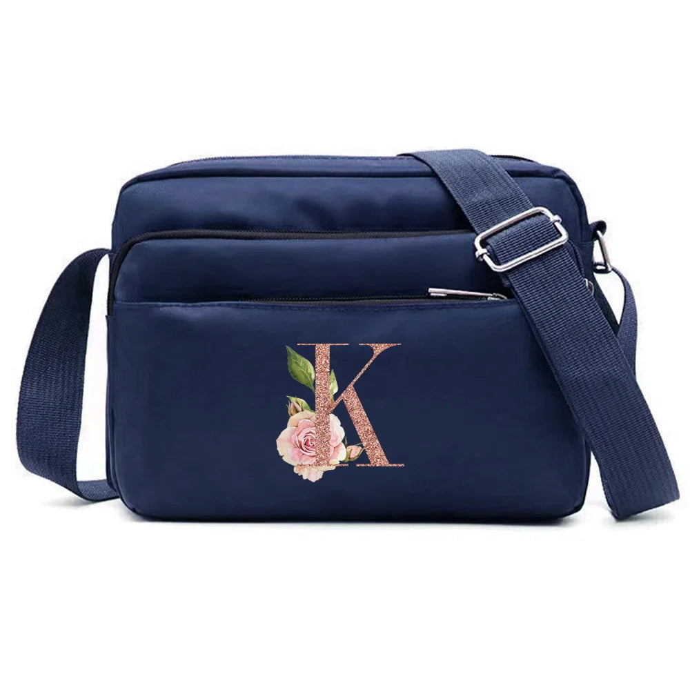 Large Capacity Travel and Commuting Storage Blue Bag Rose Gold Series Print Pattern Multi-layer One Shoulder Crossbody Bag