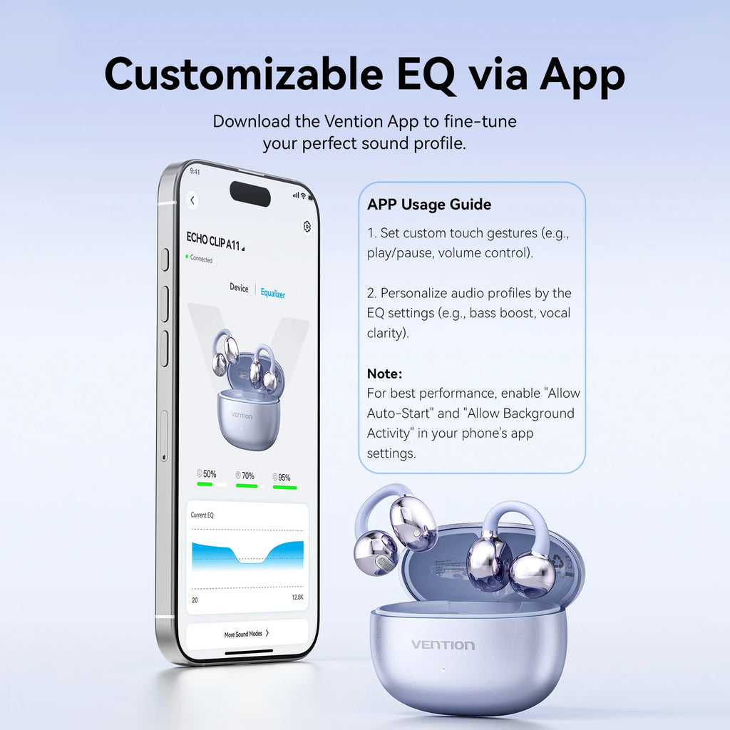 Vention ClipBuds Open-Ear Wireless Headphones Bluetooth 6.0 with 4 Mic Clear Call, Earbuds Clip on Earphones 25H Playtime