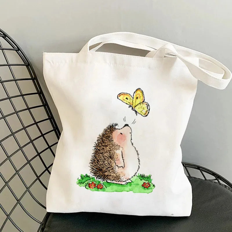 Cute Hedgehog Pattern Canvas Tote Bag With Adorable Heart Mushroom Balloon DesignsStylish Versatile Shoulder Bag For Daily Use