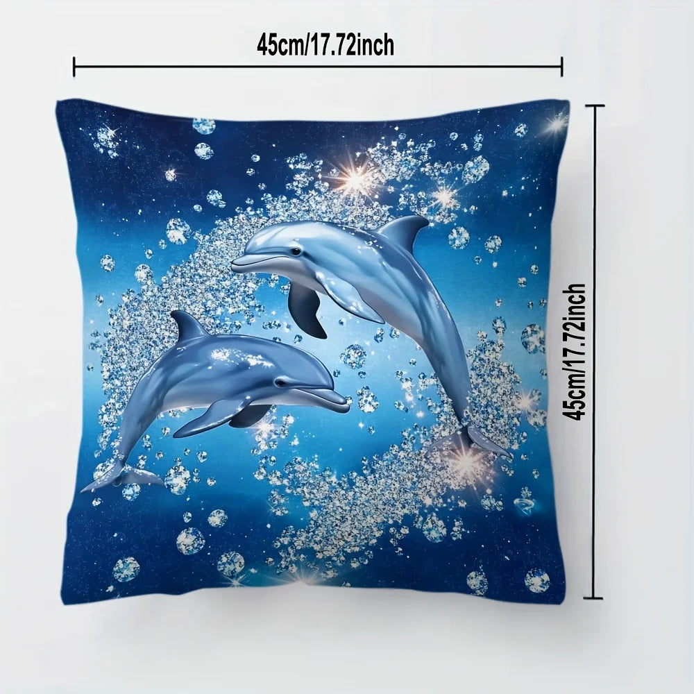 4pcs Linen Pillow Covers 45x45cm Dolphin Ocean Print Cushion Cases Blue Sparkle Bubbles for Sofa Bed Decor Zipper Closure